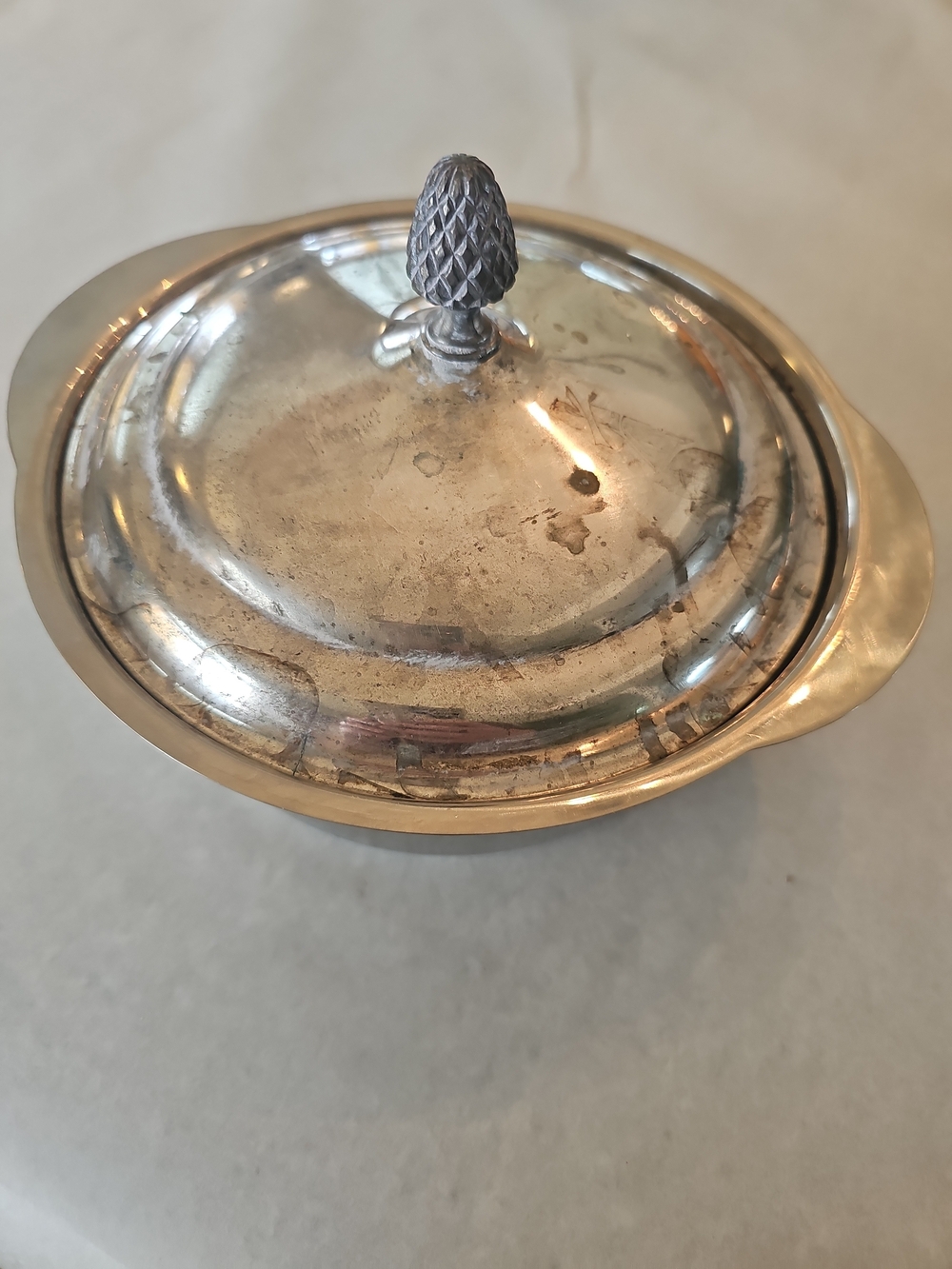 Silver Toned Covered Serving Dish with Pinecone Knob